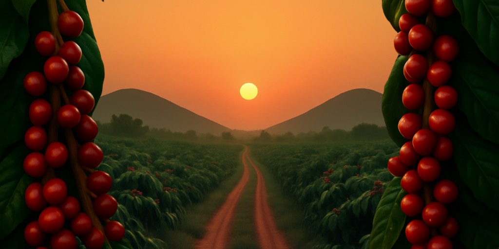 Cafezal ao pôr do sol com cachos de café maduros nas laterais